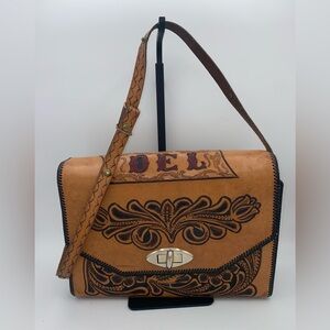 Leather Hand Tooled Red Accent Floral Purse Laced Boho Western Style Bag “Del”